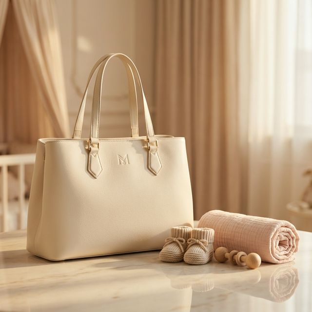 Mãe segurando bebê com bolsa maternidade